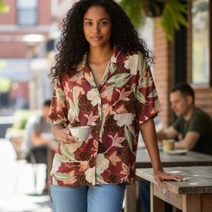 The Villager Floral Button Down Blouse Size L Burgundy Green